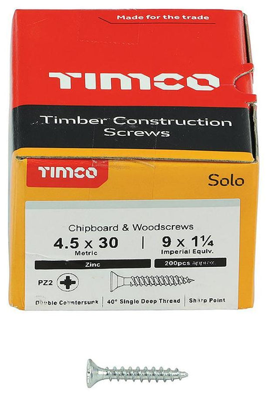 4.5mm x 30mm Pozidriv Double Countersunk ZP Solo Chipboard & Wood Screws, 200 Pack - 45030SOLOZ
