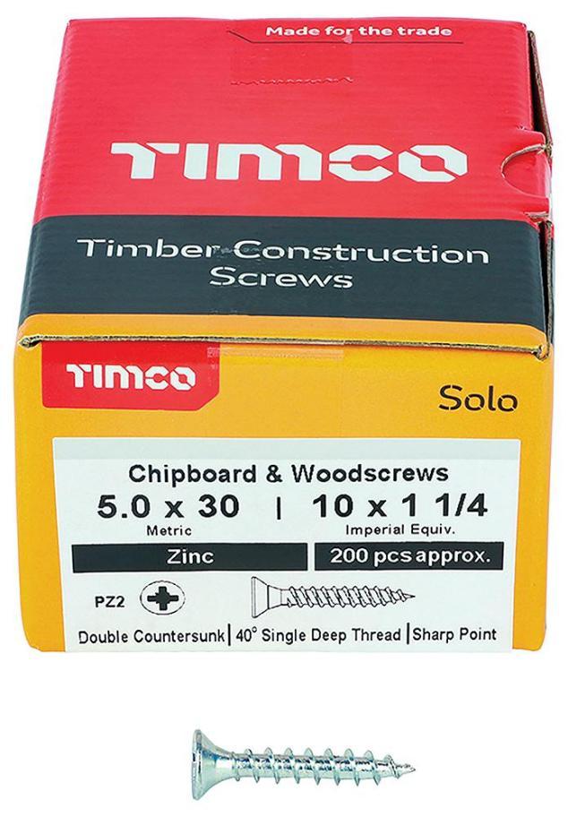 5mm x 30mm Pozidriv Double Countersunk ZP Solo Chipboard & Wood Screws, 200 Pack - 50030SOLOZ