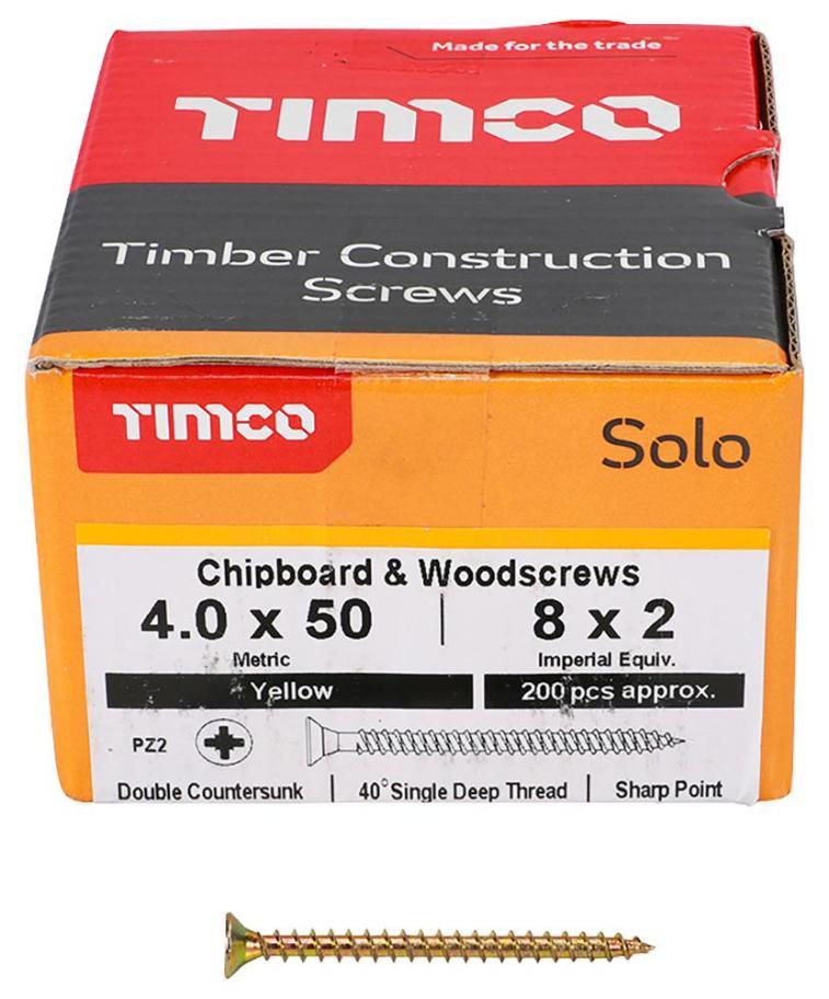 4mm x 50mm Pozidriv Double Countersunk ZYP Solo Chipboard & Wood Screws, 200 Pack - 40050SOLOC