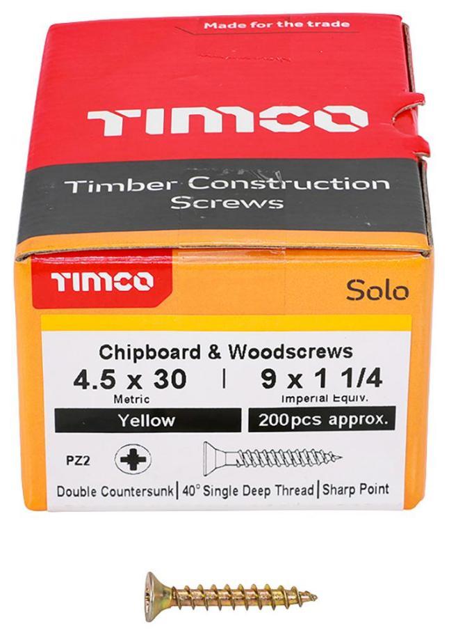 4.5mm x 30mm Pozidriv Double Countersunk ZYP Solo Chipboard & Wood Screws, 200 Pack - 45030SOLOC