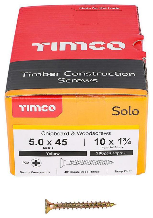 5mm x 45mm Pozidriv Double Countersunk ZYP Solo Chipboard & Wood Screws, 200 Pack - 50045SOLOC