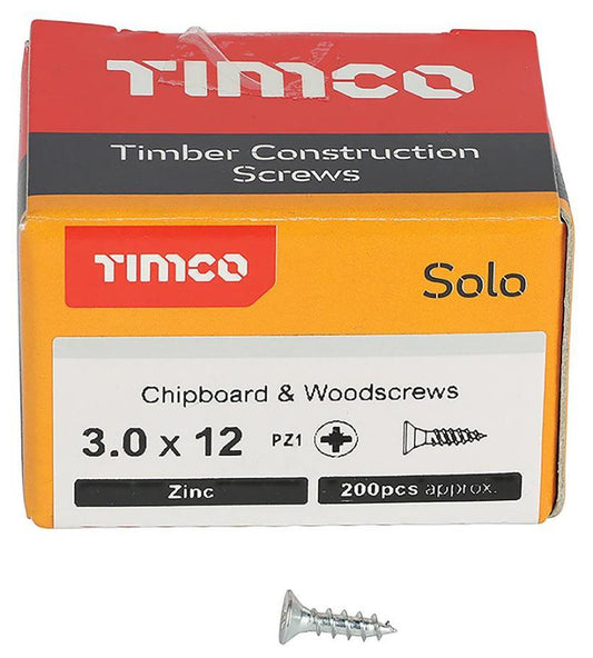 3mm x 12mm Pozidriv Double Countersunk ZP Solo Chipboard & Wood Screws, 200 Pack - 30012SOLOZ