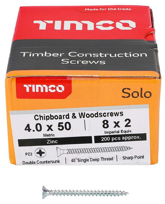 4mm x 50mm Pozidriv Double Countersunk ZP Solo Chipboard & Wood Screws, 200 Pack - 40050SOLOZ