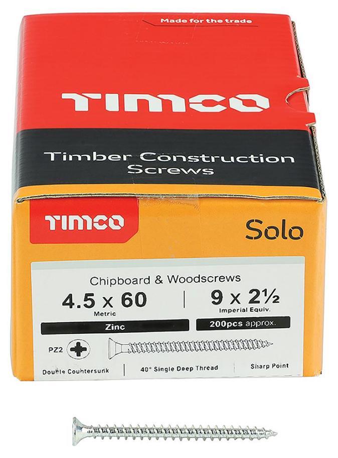 4.5mm x 60mm Pozidriv Double Countersunk ZP Solo Chipboard & Wood Screws, 200 Pack - 45060SOLOZ