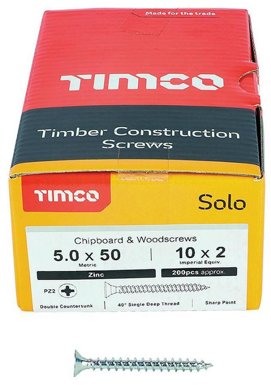 5mm x 50mm Pozidriv Double Countersunk ZP Solo Chipboard & Wood Screws, 200 Pack - 50050SOLOZ