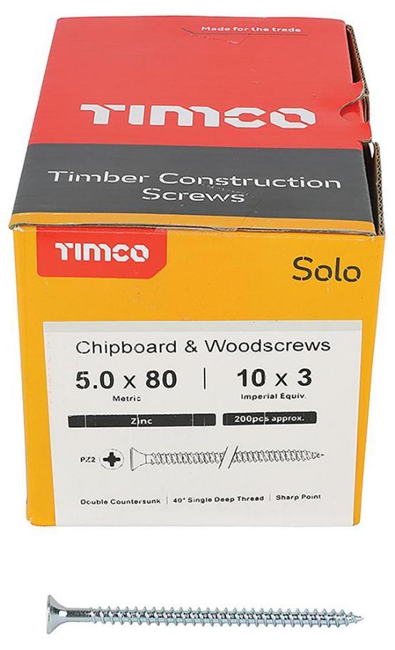 5mm x 80mm Pozidriv Double Countersunk ZP Solo Chipboard & Wood Screws, 200 Pack - 50080SOLOZ