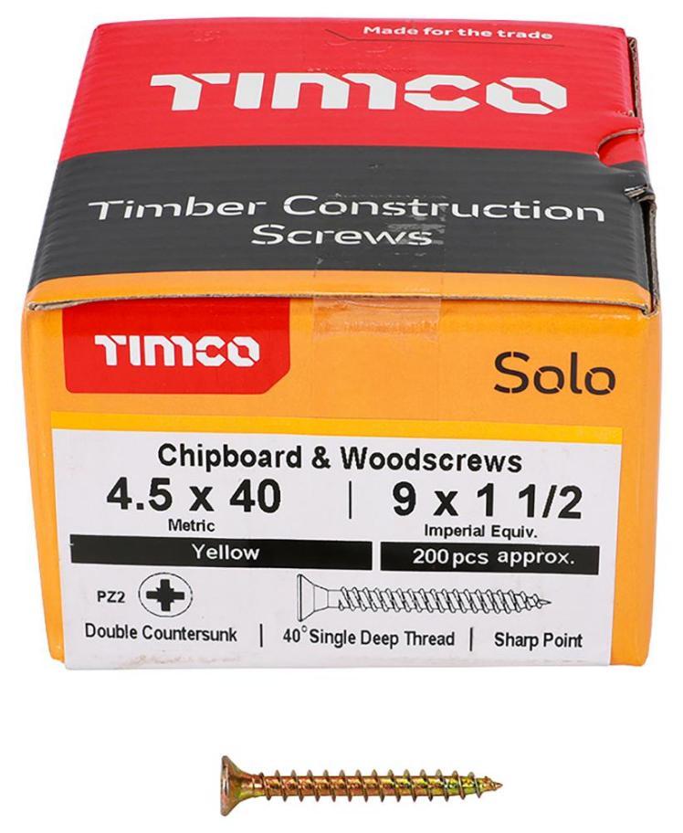 4.5mm x 40mm Pozidriv Double Countersunk ZYP Solo Chipboard & Wood Screws, 200 Pack - 45040SOLOC