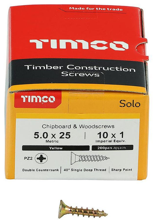 5mm x 25mm Pozidriv Double Countersunk ZYP Solo Chipboard & Wood Screws, 200 Pack - 50025SOLOC