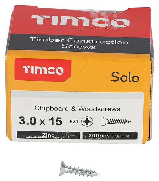 3mm x 15mm Pozidriv Double Countersunk ZP Solo Chipboard & Wood Screws, 200 Pack - 30015SOLOZ