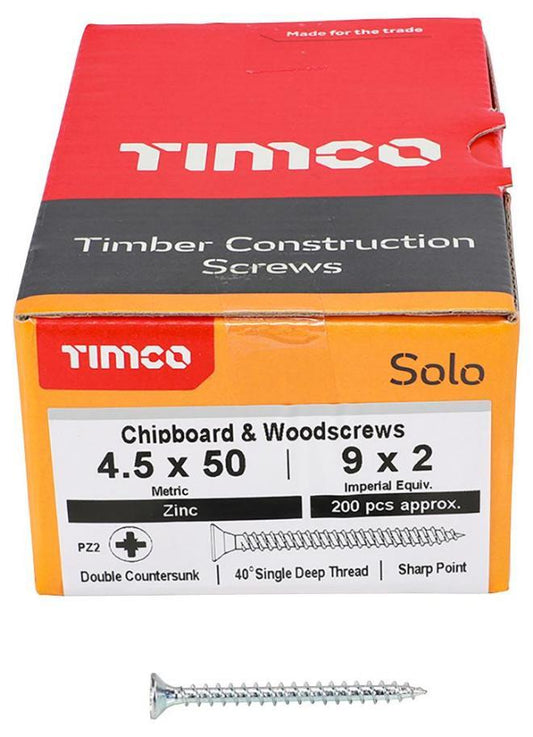 4.5mm x 50mm Pozidriv Double Countersunk ZP Solo Chipboard & Wood Screws, 200 Pack - 45050SOLOZ