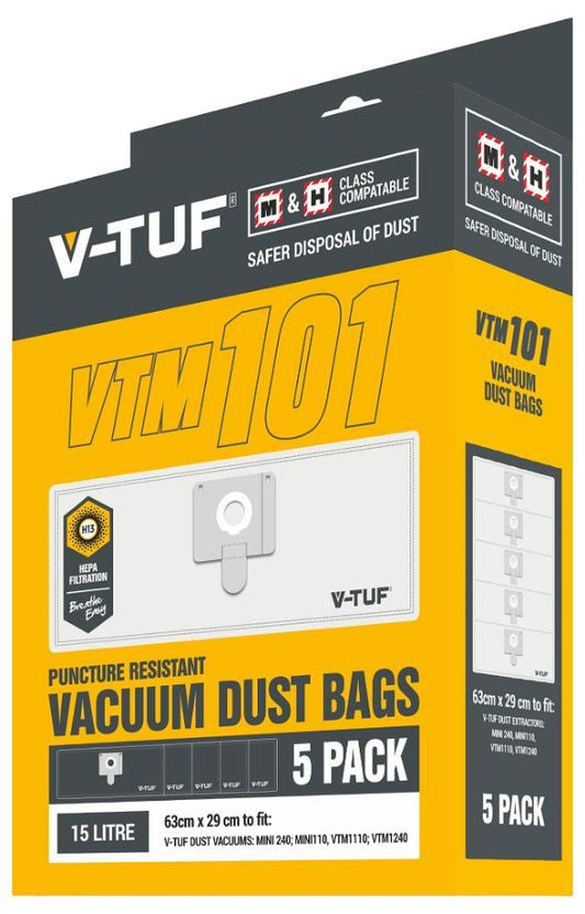 15L Dust Bags for V-Tuf M Class Vacuum Cleaner, 5 Pack - VTM101