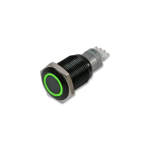 102-16L-F-R-G-BLK-12V-IP67 Switch , IP67 , 16mm , Black , Ill , Green