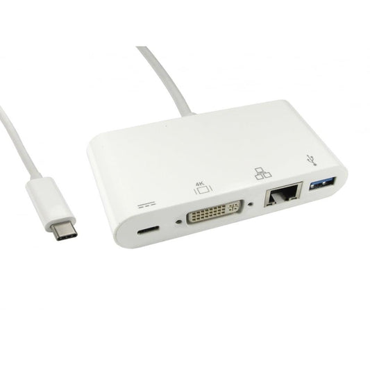 15cm Leaded USB Type-C to DVI, USB & Gigabit Adapter with PD Function