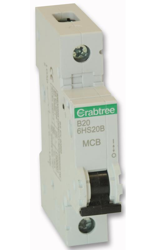 20A SINGLE POLE MCB B CURVE 10KA , CRABTREE , 6HS20B