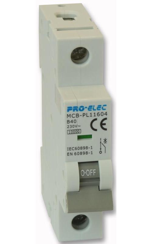 10kA MCB SINGLE POLE TYPE B CURVE 40A , PRO ELEC , AUB7 1P B40A