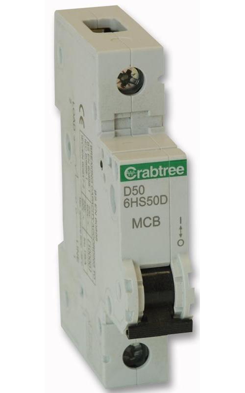 50A SINGLE POLE MCB TYPE D CURVE 10KA , CRABTREE , SF6HS50D