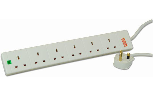 POWER CORD EXTENSION LEAD 6 GANG SURGE PROTECTED WHITE 1M , PRO ELEC , 2068S-1M